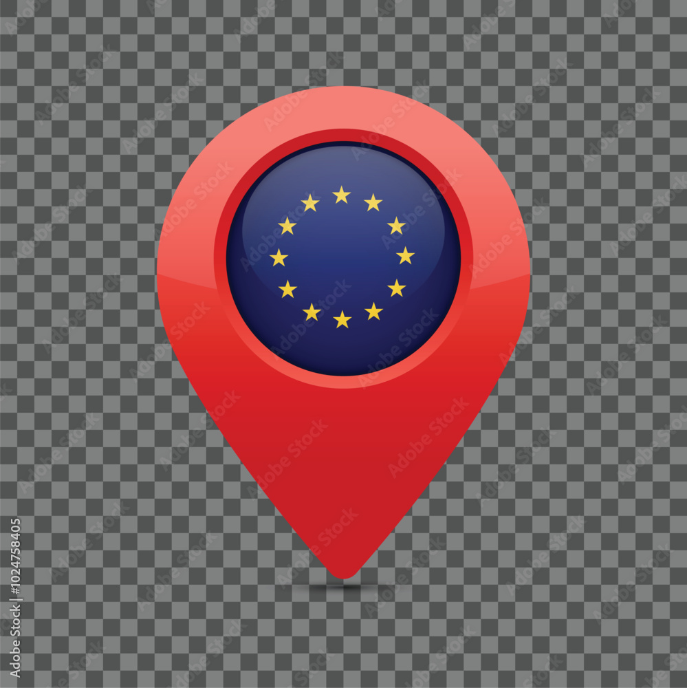 Poster european flag pin for maps and navigation systems to mark current location. user interface icon desi