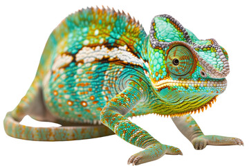 Fototapeta premium Colorful chameleon on transparent background: close-up portrait with bright eyes.