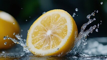 Refreshing lemon slice splashing in water for beverage and design concepts