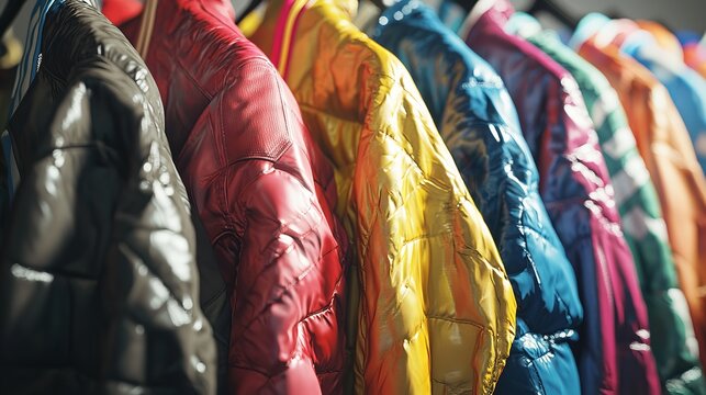 A variety of colorful rain jackets, perfect for spring weather, displayed on a store rack.