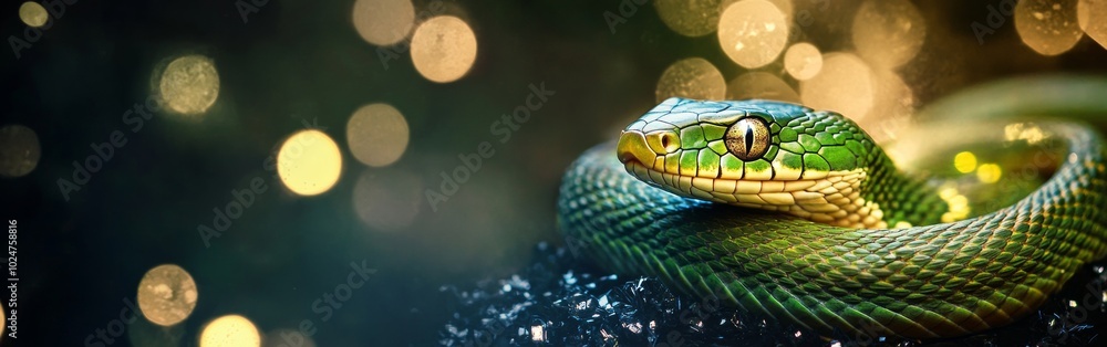 Poster a close-up of a green snake resting on a textured surface with blurred lights in the background duri