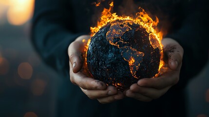 Fototapeta premium Hands holding a burning globe symbolizing climate change, dark background