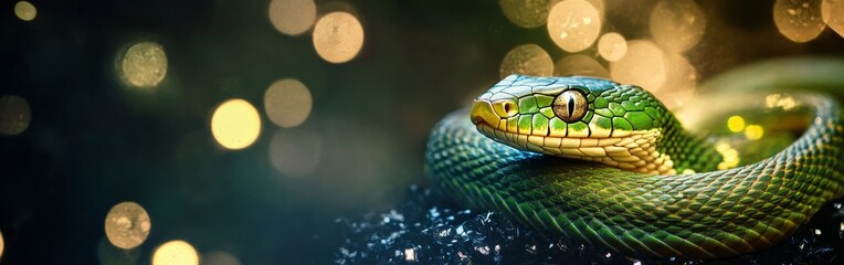 Obraz premium A close-up of a green snake resting on a textured surface with blurred lights in the background during a nighttime setting. With copy space for text. Wide web banner.