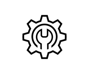 Maintenance tools with wrench, gear symbol icon. Wrench and gear cogwheel icon. Service tool symbol, assembly, repair instrument vector design and illustration. 
