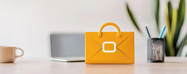 A vibrant yellow bag sits on a desk, accompanied by a coffee cup and a pencil holder, with a laptop and green plants in the background.
