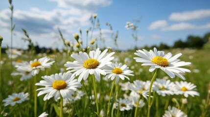 Springtime serenity: field of white daisies under a vibrant blue sky