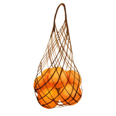 Reusable mesh shopping bag with fruits. String bag isolated on a white background. Watercolor eco shopping bag clipart. Zero waste illustration.