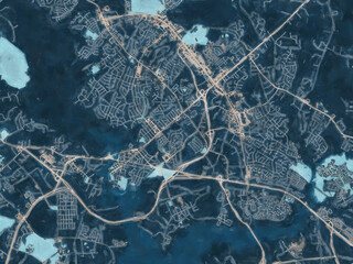 Painterly Style City Map of Jacksonville  North Carolina, USA in a Blue Color Scheme.