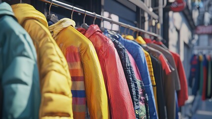 Obraz premium A row of colorful hoodies hanging on wooden hangers in a clothing store.