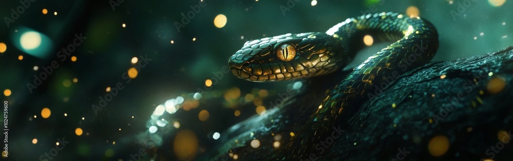 Poster a mesmerizing green snake resting on a mossy branch surrounded by shimmering particles in a lush for