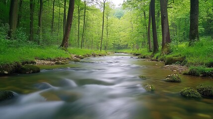 Obraz premium A serene river flows through lush green trees in a peaceful forest during a bright, sunny day in early summer