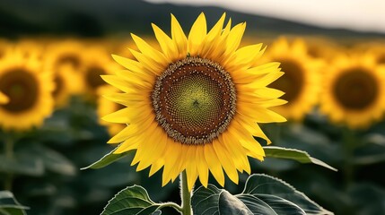 Close-up of a vibrant yellow sunflower in full bloom set against a field of sunflowers with blurred background