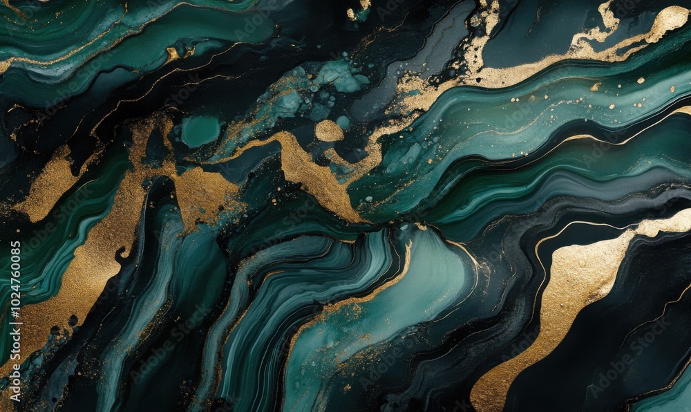 Poster a luxurious background with dark green and black colors, featuring swirling patterns of gold foil in
