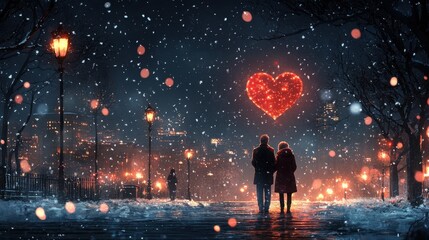 Obraz premium Romantic Couple Walking in Snowy Street with Heart Lights， feelings of love and serenity amidst gentle snowfall.