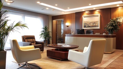 Fototapeta premium Modern office interior with open workspace and stylish seating area in a well-lit urban environment