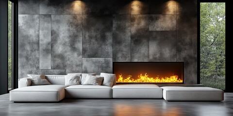 An ultra-modern living room with a minimalist design featuring a sleek linear gas fireplace set against a textured gray concrete wall, complemented by a plush white modular sofa