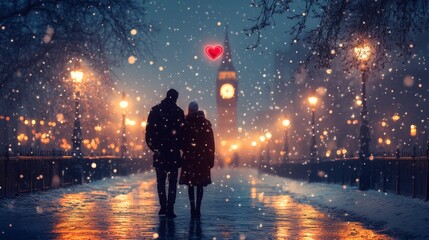 Obraz premium Romantic Couple Walking in Snowy Street with Heart Lights， feelings of love and serenity amidst gentle snowfall.