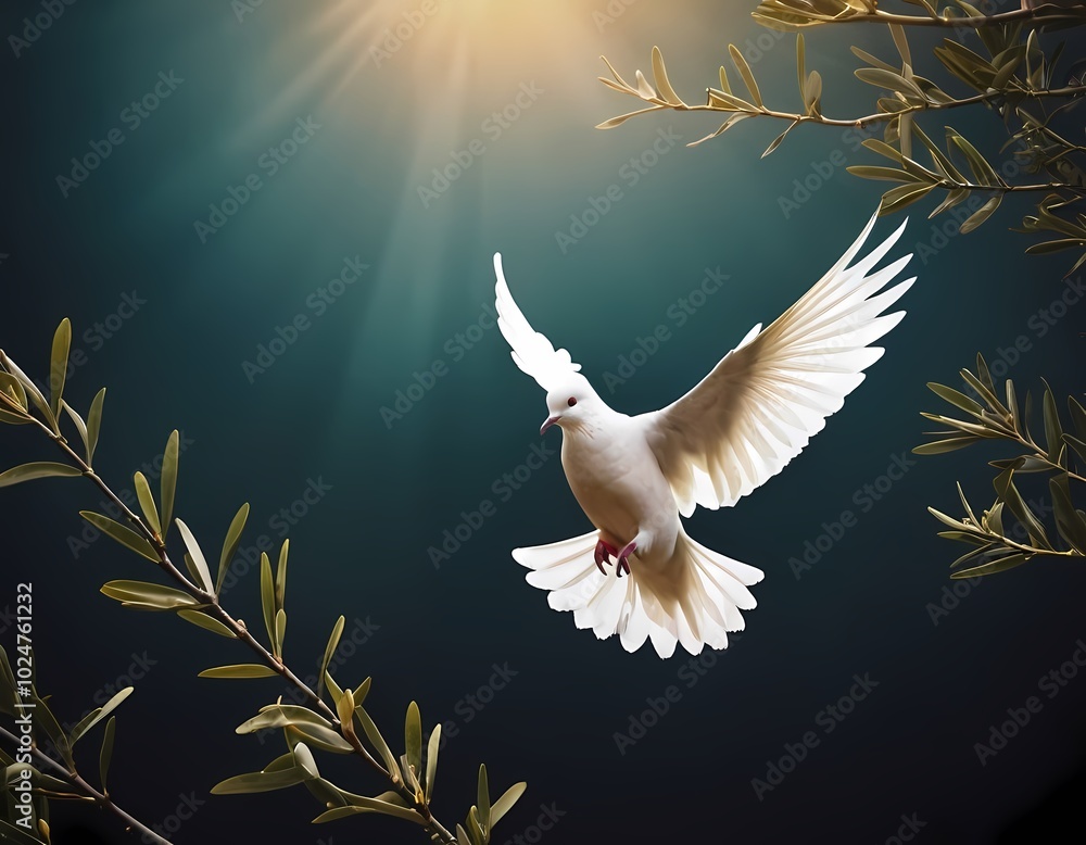 Wall mural a graceful white dove in flight amid olive branches, biblical story, christianity, dove of peace