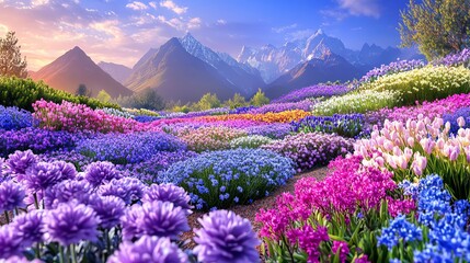 A stunning landscape of vibrant flowers in full bloom with majestic mountains in the background under a bright sky.