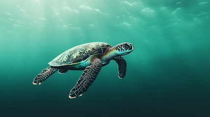 Obraz premium Sea turtle swimming gracefully in clear turquoise water, natural ocean habitat.