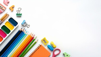 different of stationery isolated on white background flat lay space for text accessories colorful banner mockup education or back to school concept