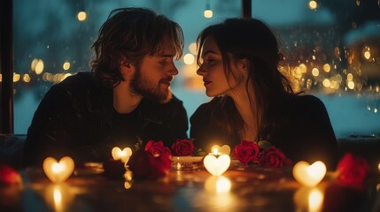 Adorable animated couple enjoying a winter snowfall, with rosy cheeks and charming expressions. The young boy offers a red rose to the girl, creating a heartwarming and romantic moment.