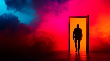Fototapeta premium Silhouette of a person standing at a colorful doorway with smoke effects.