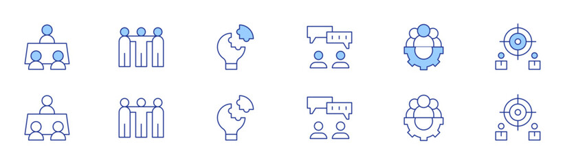 Teamwork icon set in two styles, Duotone and Thin Line style. Editable stroke. meeting, problem solving, goal, teamwork, discuss
