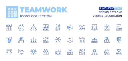 Teamwork icons collection. Line Duotone style, editable stroke. teamwork, team management, work, creative team, crowd, graphic, hands, medical team, meeting, goal, mediator, presentation.
