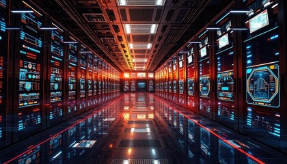 Obraz premium Futuristic data center with holographic control panels and real-time monitoring systems, providing cutting-edge technology for data storage and processing. AI-generated