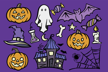 Halloween cute colorful doodles, clip art sticker set, hand drawn decoration elements