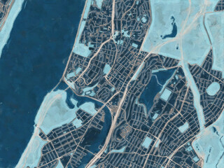 Painterly Style City Map of Kings Bridge  New York, USA in a Blue Color Scheme.