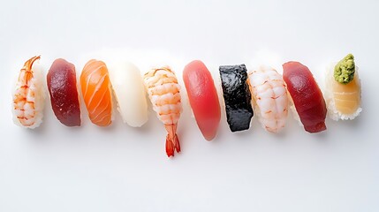 Minimalist arrangement of sushi nigiri including tuna shrimp and eel on a white background focusing on seafood delicacies Japanese cuisine and fine dining experiences