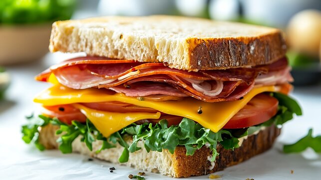 Closeup of an artisan sandwich with deli meats cheese and fresh veggies on a white surface showcasing lunch options gourmet sandwiches and delistyle meals
