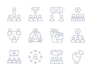 Teamwork icons. Thin Line style, editable stroke. teamwork, deadline, medical team, problem solving, trophy, together, intermediary, discussion, networking