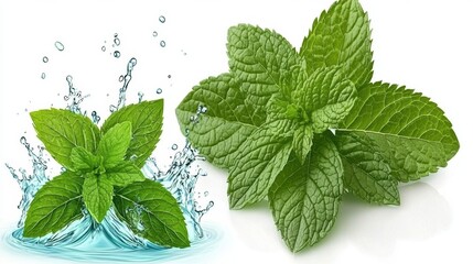 Fresh Mint Leaves with Water Splash Effect