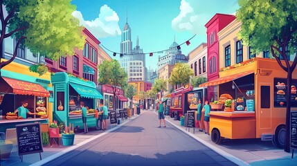 Obraz premium Vibrant street market bustling with food trucks and shoppers in a lively neighborhood during late afternoon