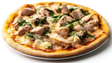 Close-up of a freshly baked pizza topped with pieces of chicken, sliced onions, basil, and cheese on a white plate against a white background.