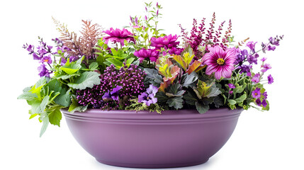 Fototapeta premium Lavender Growing In White Pot On White Background ,A lush bouquet of lavender blooms displays its aromatic purple flowers in a woven basket, set against a clean white background