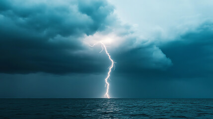 A striking lightning bolt illuminates the dark stormy sky above the ocean, creating a dramatic and powerful natural scene that captures the raw energy of a thunderstorm.