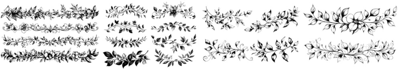 Fototapeta premium A pair of pair of sprigs made of twigs or leaves scroll decoration. A pair of branches and a hand drawn divider modern set.