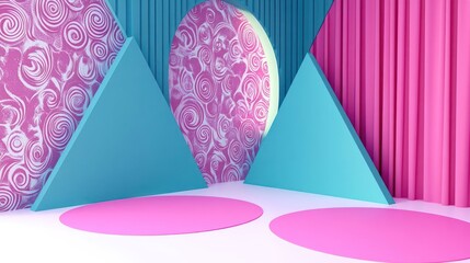 A vibrant, abstract interior with geometric shapes and colorful patterns.
