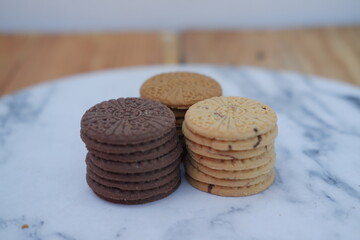 cookies on a marble table, shallow depth of field.