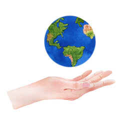 Hand turned palm up and planet earth. Watercolor illustration of human palm isolated on white background. For design, cards, posters, flyers, decor