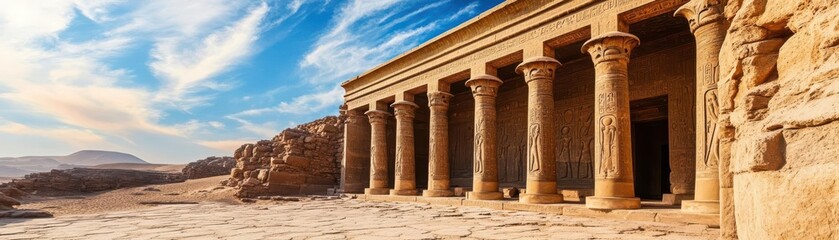 Obraz premium Temple ruins buried in shifting desert sands with ancient carvings, Ancient Egypt, archaeology, historical decay, timeless beauty
