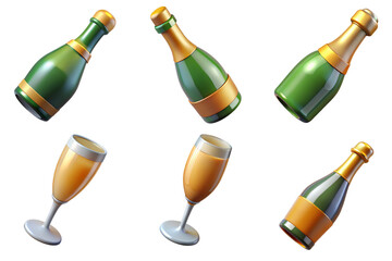 3d render set of champagne isolated on transparent background Cartoon Illustration in plastic style