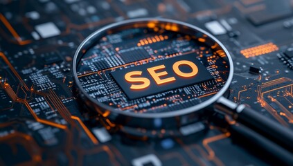 Magnifying Glass on Circuit Board with SEO Text