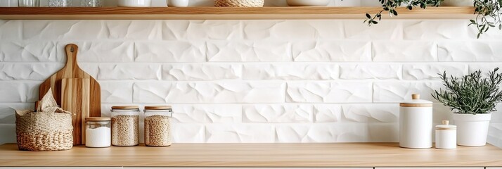Modern White Kitchen Interior With Wooden Countertop, Storage Jars, Cutting Board And Rosemary Plant