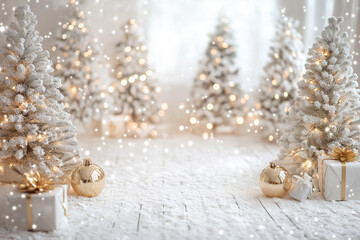 Luxurious indoor Christmas scene with a white floor and a pure white background.