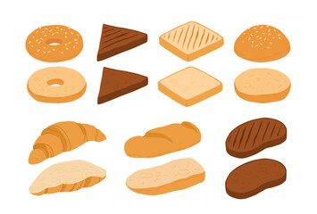 Cartoon sliced bread. cut baguette, croissant, bagel, toast, french bakery products with slices, fresh baked dough food, sliced toasts. Vector bakery set.